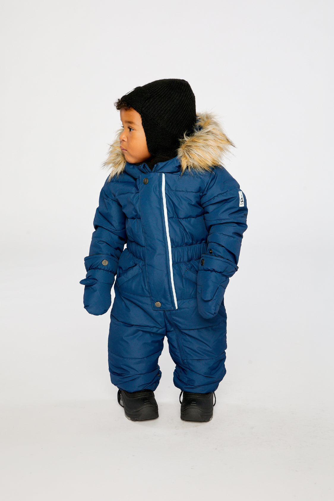 Baby wearing Deux par Deux dark blue puffy snowsuit with removable mittens and booties