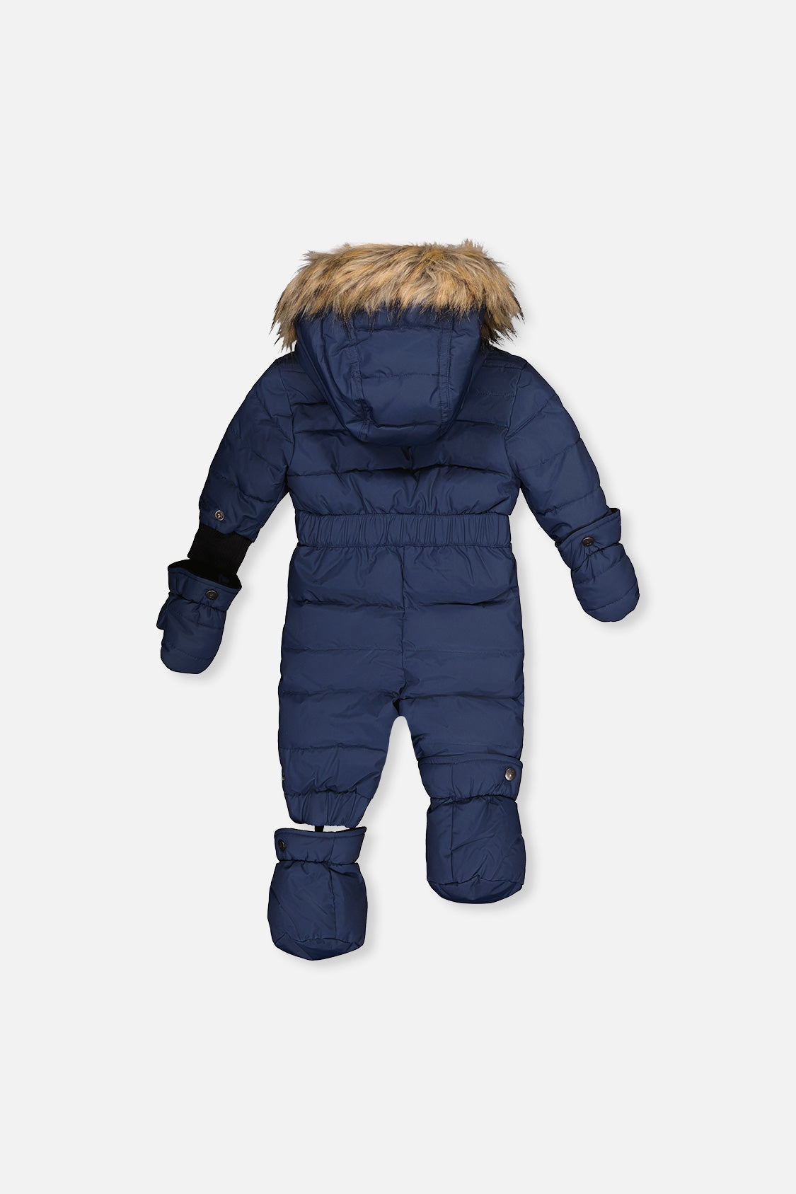 Deux par Deux dark blue baby puffy snowsuit with removable booties mittens and faux-fur hood