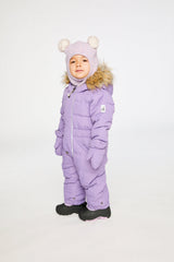 Deux par Deux Baby Original puffy one-piece snowsuit in Violet shown from an alternate modeled winter angle