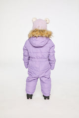 Alternate winter lookbook view of the Deux par Deux Baby Original puffy one-piece snowsuit in Violet