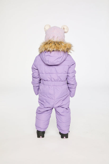 Alternate winter lookbook view of the Deux par Deux Baby Original puffy one-piece snowsuit in Violet