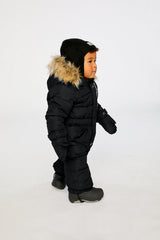 Deux par Deux Baby Original puffy one-piece snowsuit in Black shown from an alternate modeled winter angle