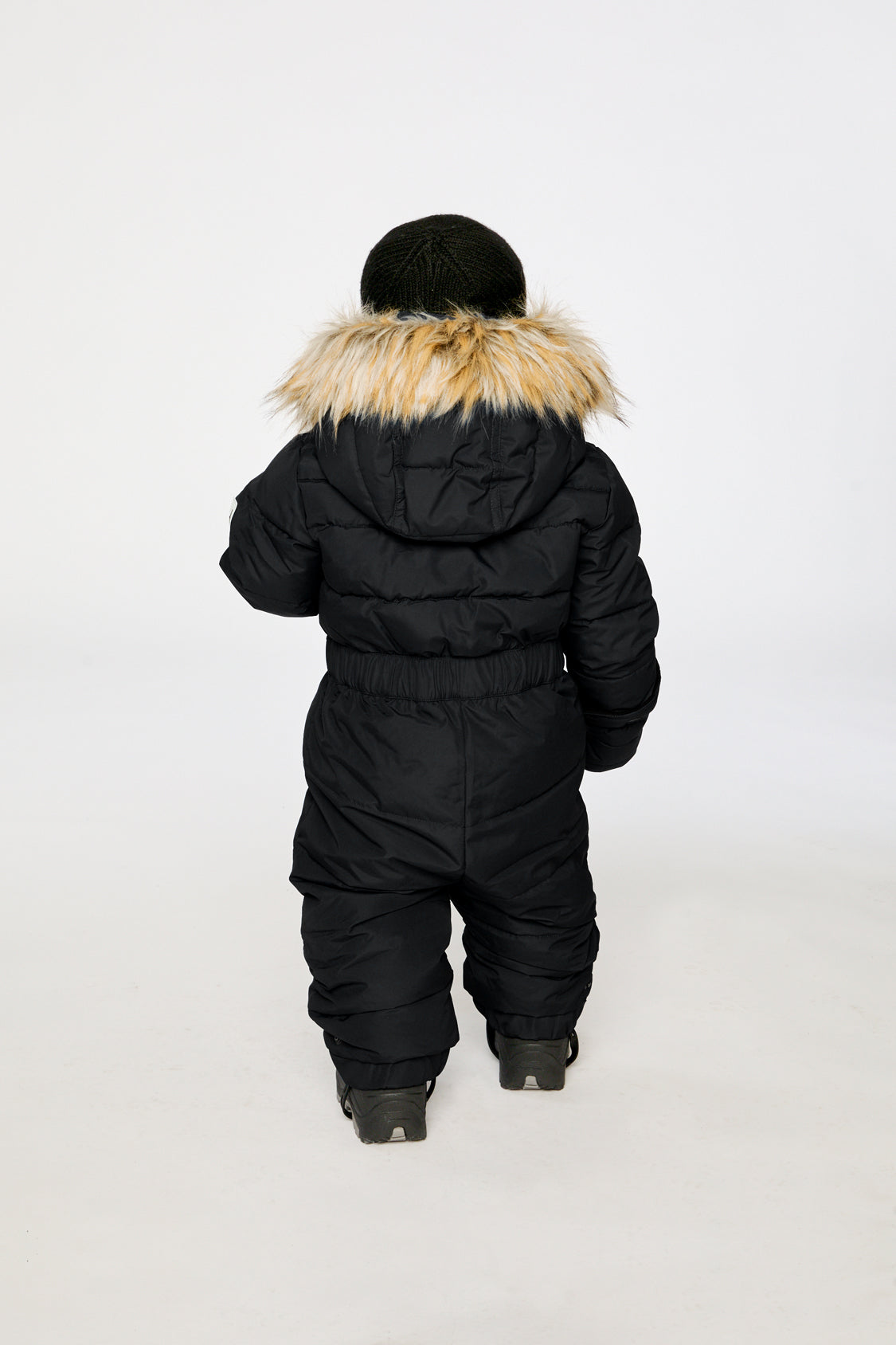 Alternate winter lookbook view of the Deux par Deux Baby Original puffy one-piece snowsuit in Black