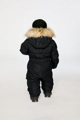 Alternate winter lookbook view of the Deux par Deux Baby Original puffy one-piece snowsuit in Black