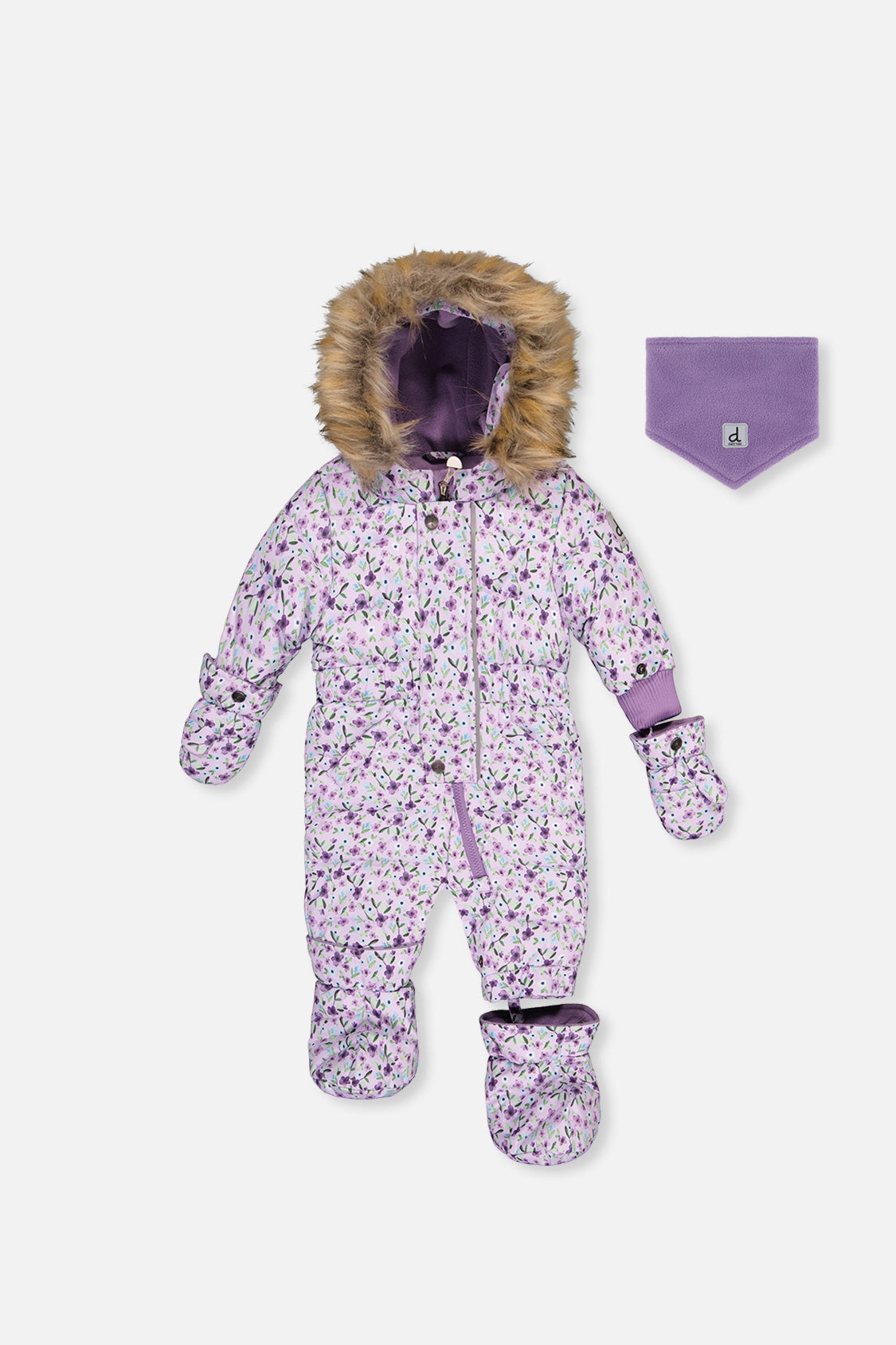 Deux par Deux baby purple mini flower puffy one-piece snowsuit product view
