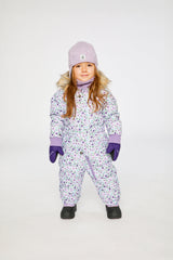 Baby purple floral puffy snowsuit with removable mittens and booties lookbook view