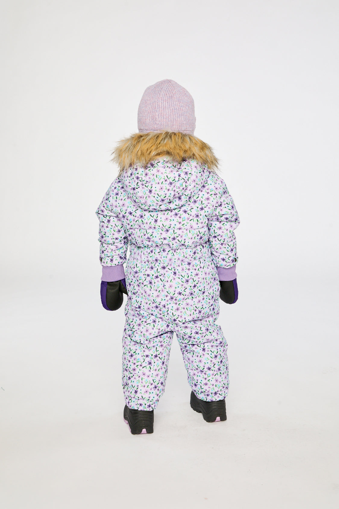 Baby girls purple floral one-piece puffy snowsuit alternate lookbook view