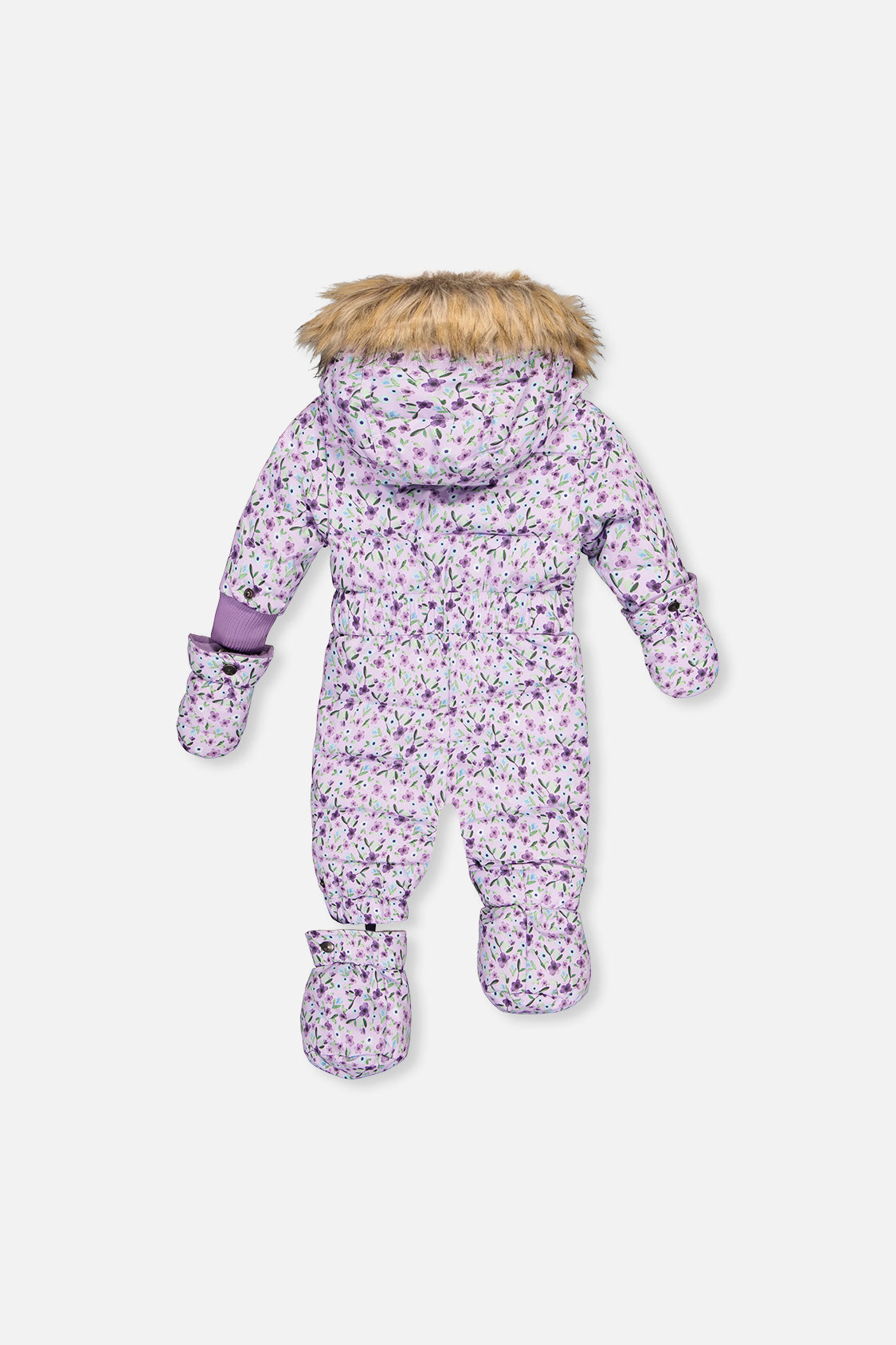 Deux par Deux baby puffy snowsuit in purple mini flowers alternate product view