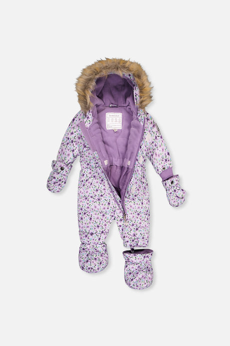 Deux par Deux Baby Original One Piece Puffy Snowsuit With Removable Mittens And Boots Purple Printed Mini Flowers