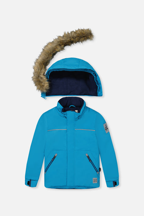 Boys blue DISCOVER winter jacket front with faux fur hood