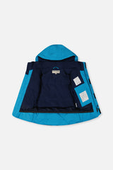 Boys blue winter jacket interior with fleece lining and snow skirt