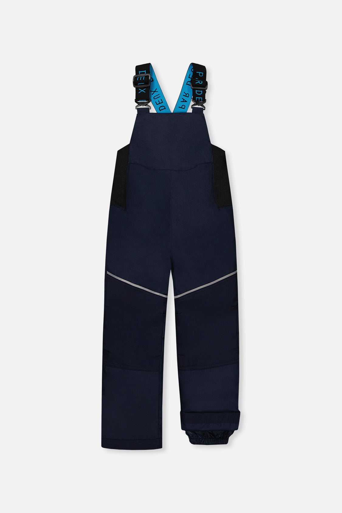 Navy DISCOVER snow bib pants front view with blue suspenders