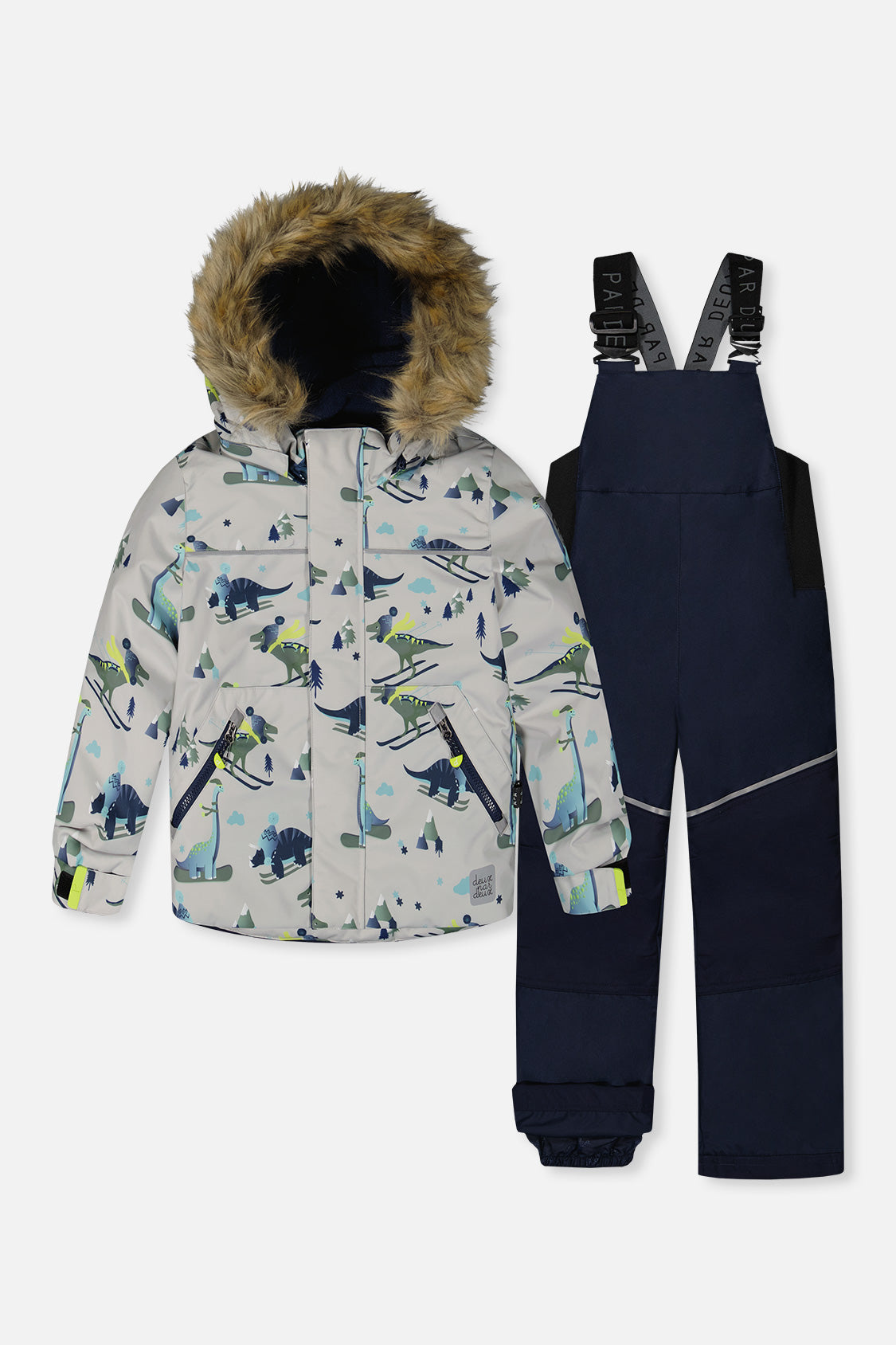 Deux par Deux boys grey skiing dinosaur DISCOVER two-piece snowsuit