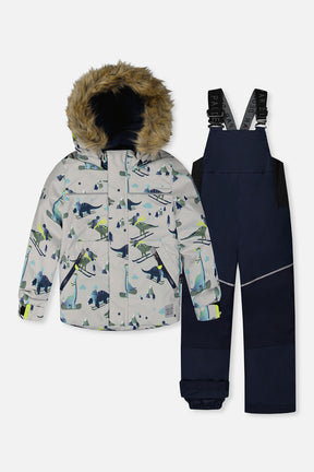 Deux par Deux boys grey skiing dinosaur DISCOVER two-piece snowsuit