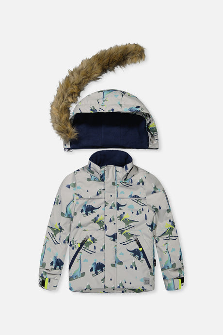 Boys waterproof grey dinosaur snowsuit jacket and snow bib pants