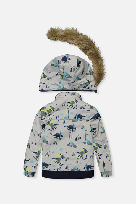 Grey skiing dinosaur winter snowsuit for boys rated to -30°C