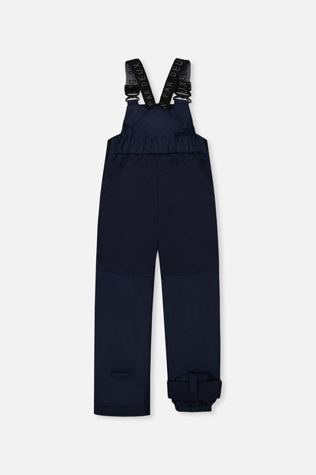 Deux par Deux boys DISCOVER snowsuit, grey dinosaur print – navy snow bib pants, back view