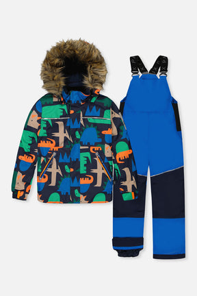 Deux par Deux DISCOVER two-piece snowsuit in Blue Dinosaur Print — main product view