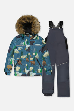 Deux par Deux boys DISCOVER two-piece snowsuit in blue bear print with solid snow pants.