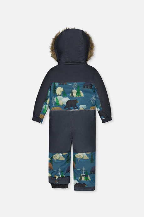Deux par Deux Kids One Piece Discover Snowsuit Blue Bear Print