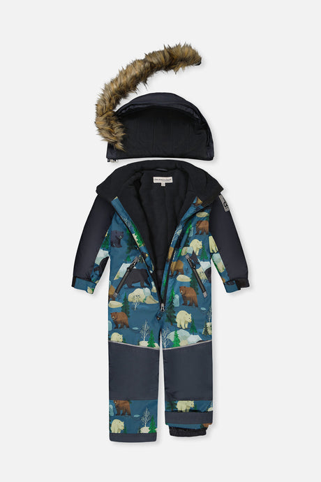 Deux par Deux Kids One Piece Discover Snowsuit Blue Bear Print