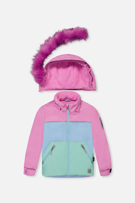 Girls pinkish violet and mint winter jacket with faux fur hood