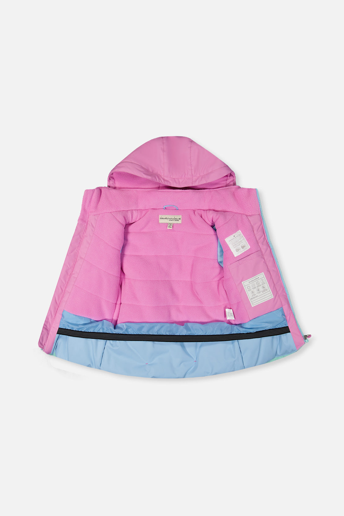 Girls pinkish violet jacket interior with fleece lining and snow skirt