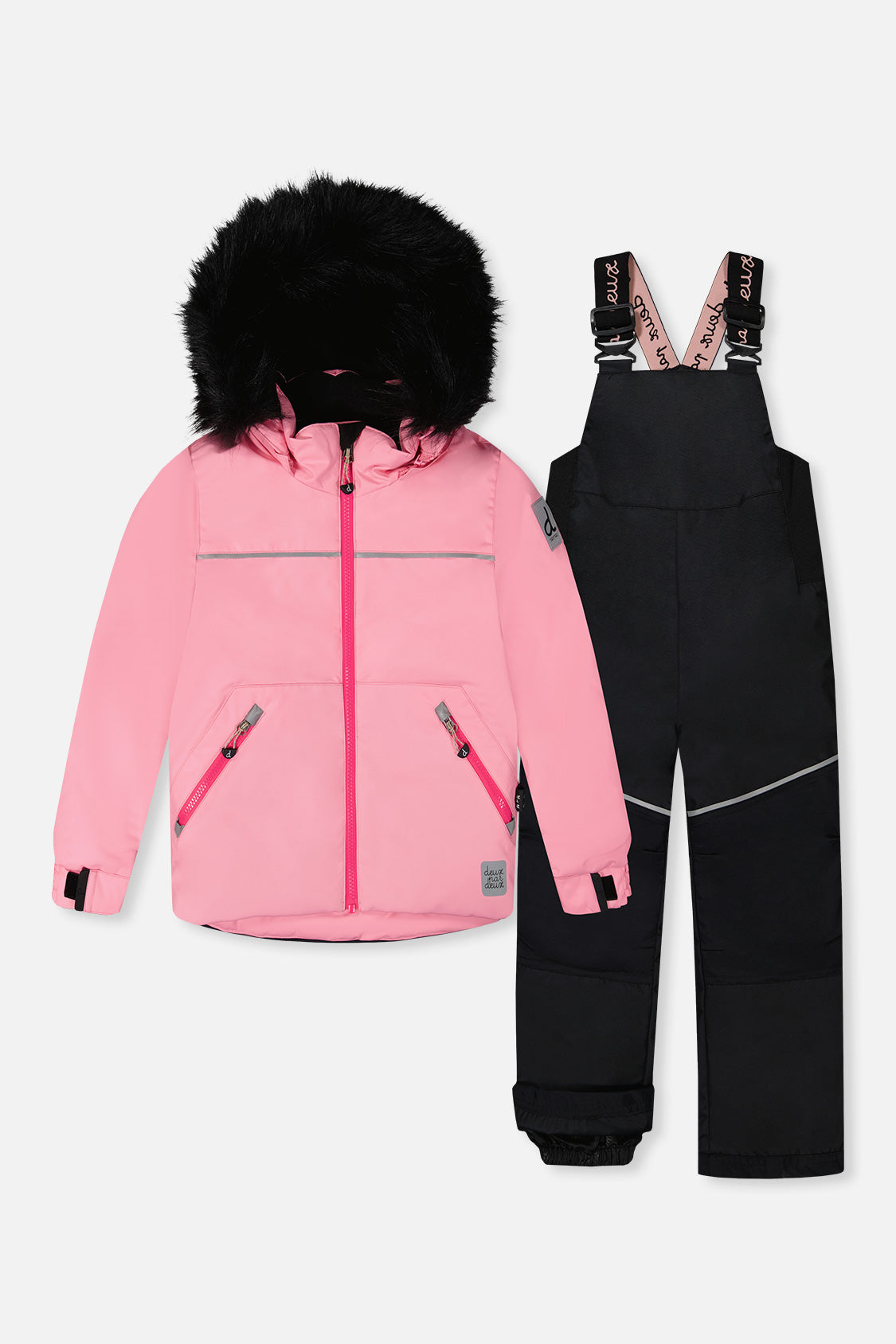 Deux par Deux girls pink DISCOVER snowsuit with black bib pants