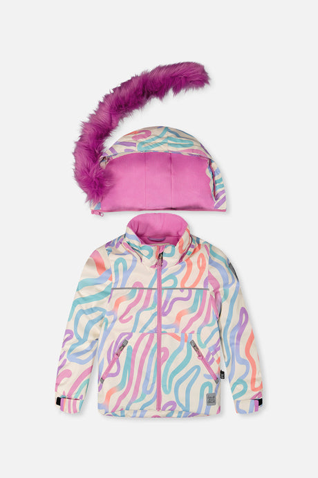 Girls multicolored cat print winter jacket with faux fur hood and bib pants