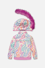 Girls waterproof two piece snowsuit with printed jacket and snow bib pants