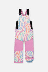 Girls multicolored winter snowsuit with adjustable suspenders and snow gaiters