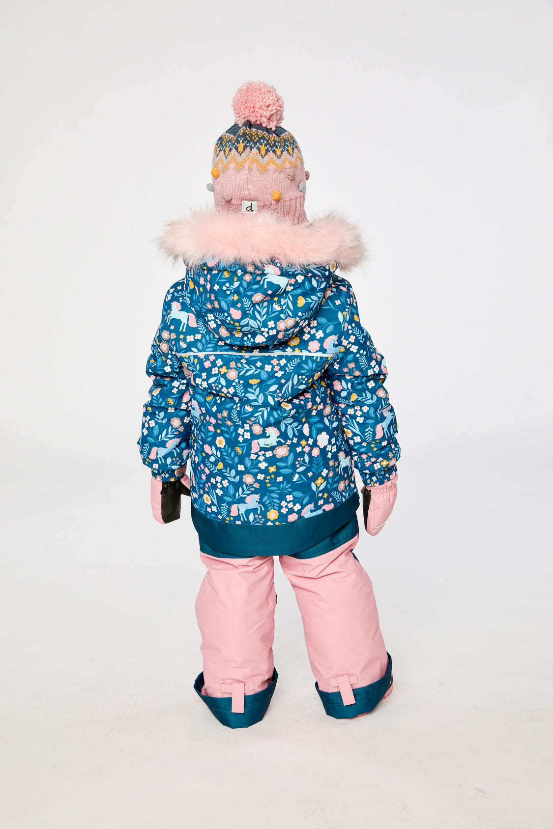 Blue pink unicorn print Deux par Deux girls winter snowsuit with Cordura reinforcement