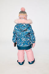 Blue pink unicorn print Deux par Deux girls winter snowsuit with Cordura reinforcement