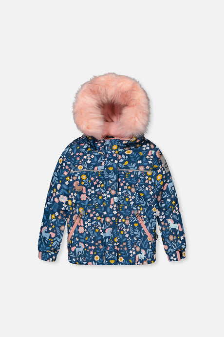 Deux par Deux girls Discover snowsuit -30°C blue pink unicorn winter set
