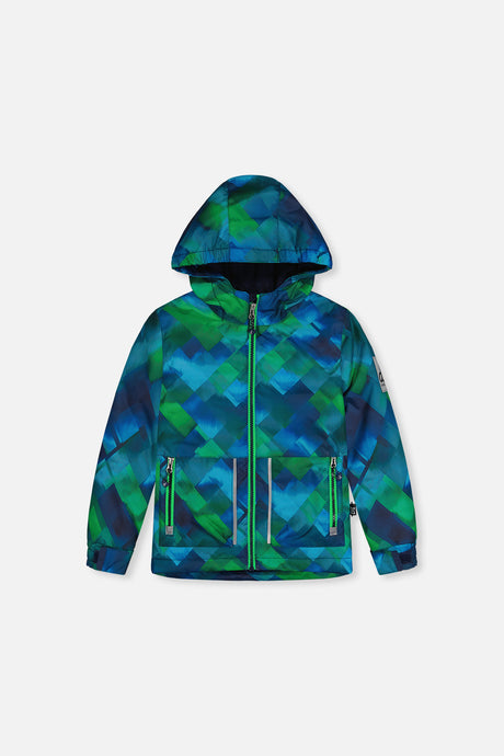 Deux par Deux blue and green checkered hooded jacket with a green front zipper and two zippered pockets