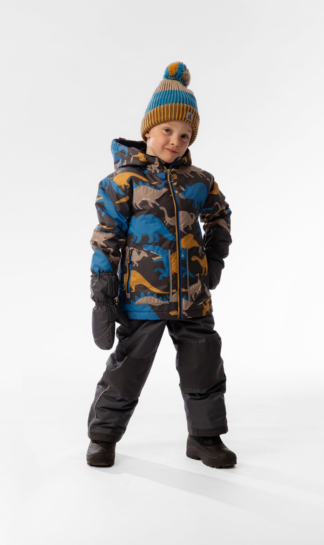 Boys grey blue dinosaur lightweight snowsuit for mild wet winter weather