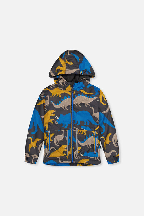 Deux par Deux CHILL dinosaur print jacket and coordinating snow pants with Cordura reinforcement