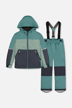 Deux par Deux CHILL lightweight two-piece snowsuit in sage green, main product view