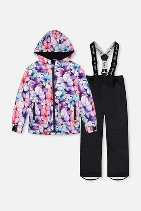 Deux par Deux girls CHILL lightweight two-piece snowsuit in purple floral print with solid snow pants.