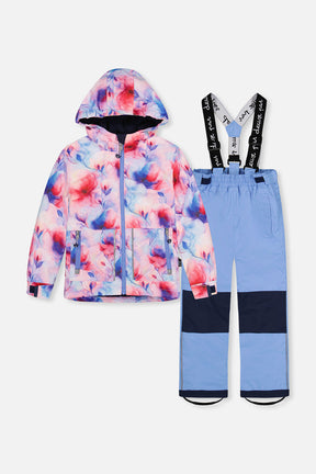 Deux par Deux girls CHILL lightweight mauve floral two-piece snowsuit front view