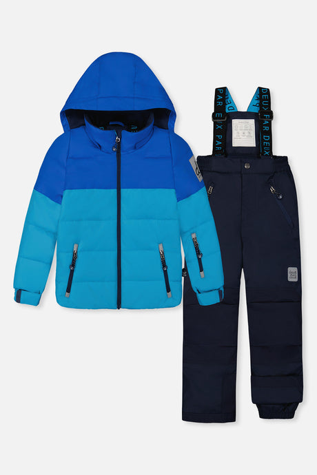 Deux par Deux boys light and dark blue PLAY snowsuit with navy pants