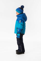 Boy in the light and dark blue Deux par Deux PLAY snowsuit, side view