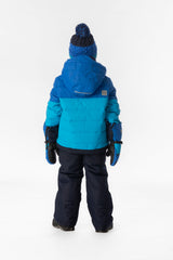 Boy in the light and dark blue Deux par Deux PLAY snowsuit, back view