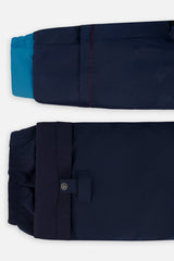Deux par Deux boys PLAY snowsuit, light and dark blue – sleeve and pant hem extensions for growing room