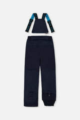 Deux par Deux boys PLAY snowsuit, light and dark blue – navy snow pants, back view with suspenders off