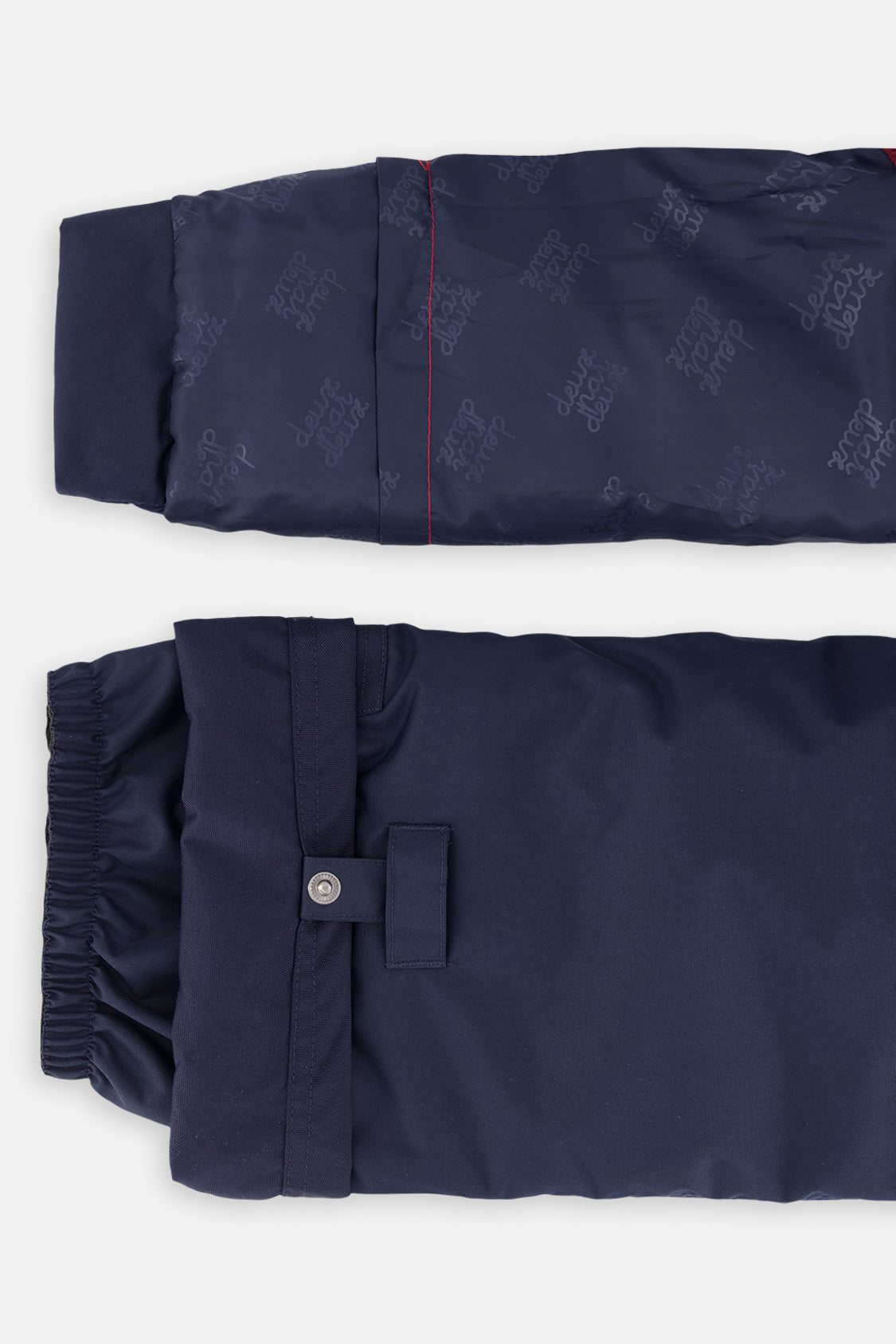 Deux par Deux boys PLAY snowsuit, navy and burgundy – sleeve and pant hem extensions for growing room
