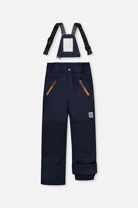 Navy PLAY snow pants front view with adjustable suspenders
