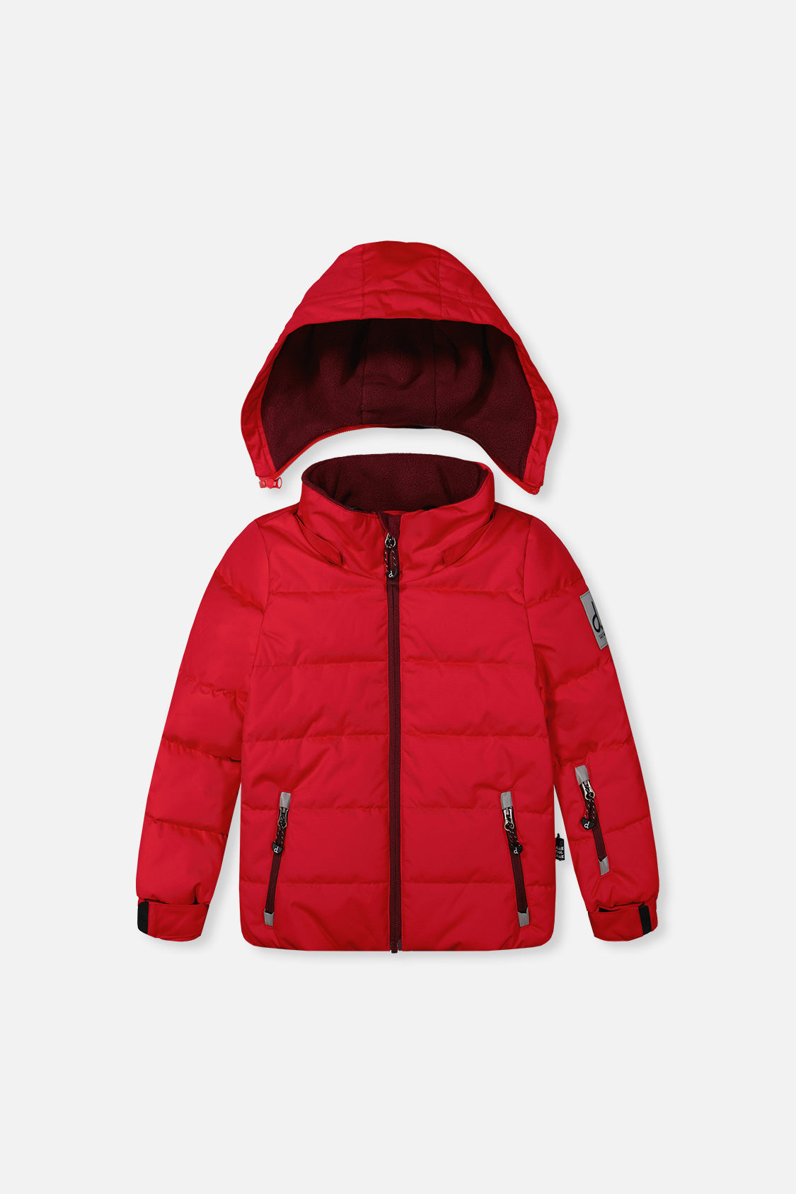 Boys red PLAY winter jacket front view with adjustable hood