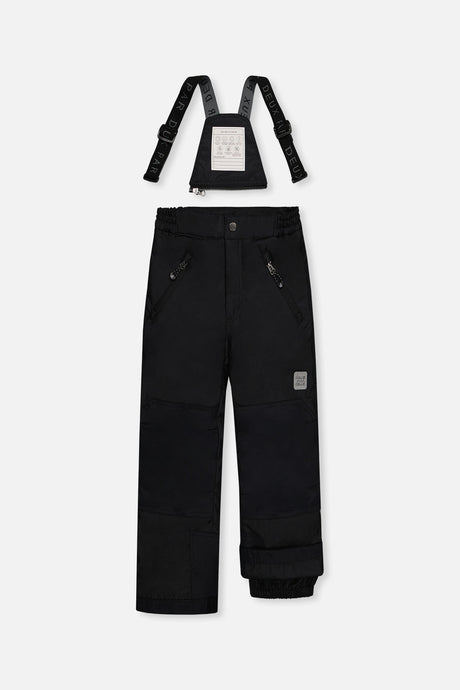 Black PLAY snow pants front view with adjustable suspenders