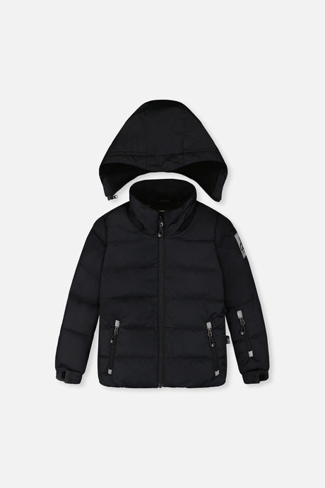 Boys black PLAY winter jacket front view with adjustable hood